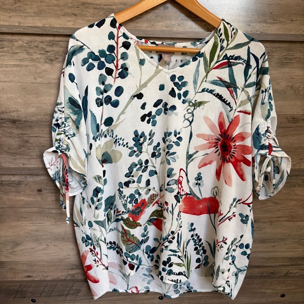 Chico's L White Teal Multicolor Floral Blouse Top Boardwalk Preppy Professional